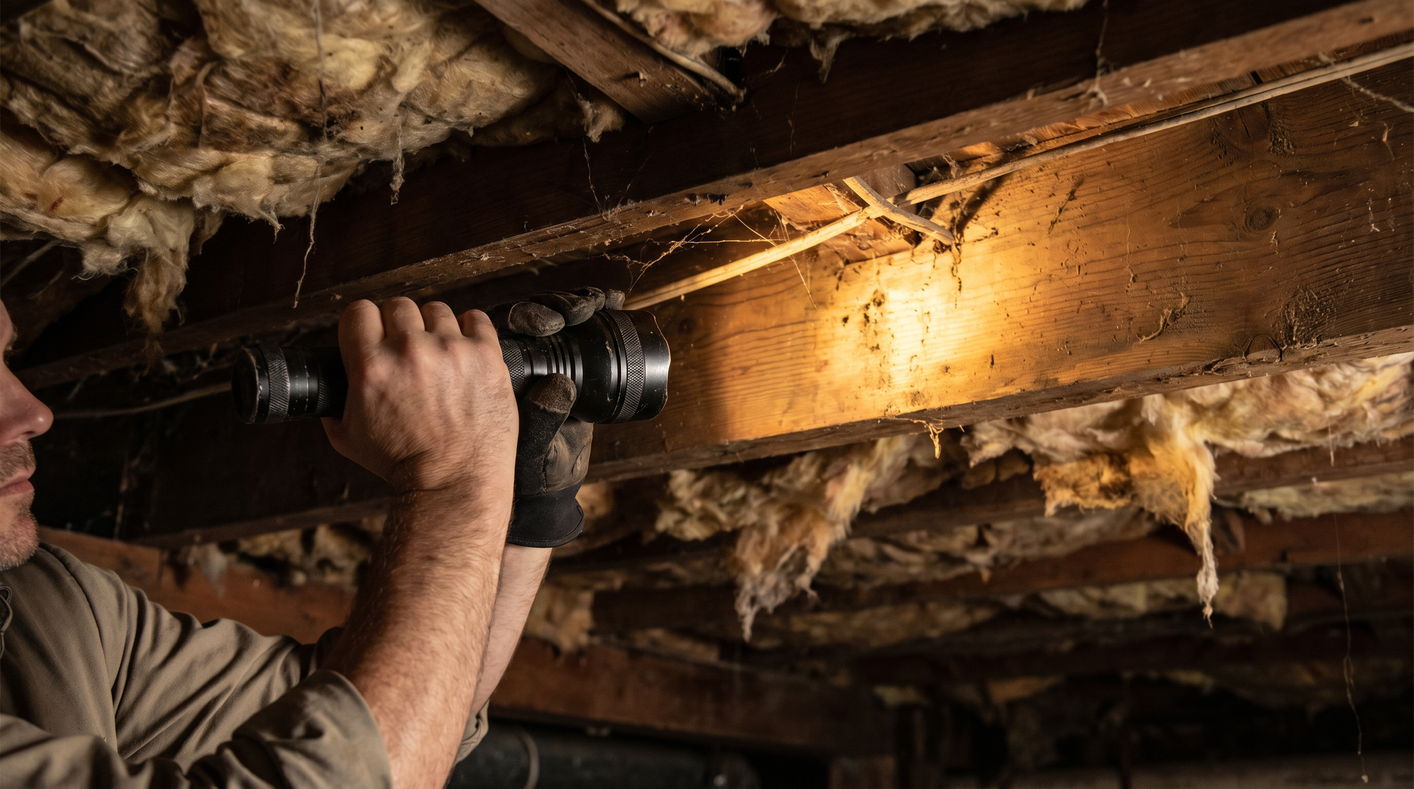 Inspector examining crawl space with flashlight