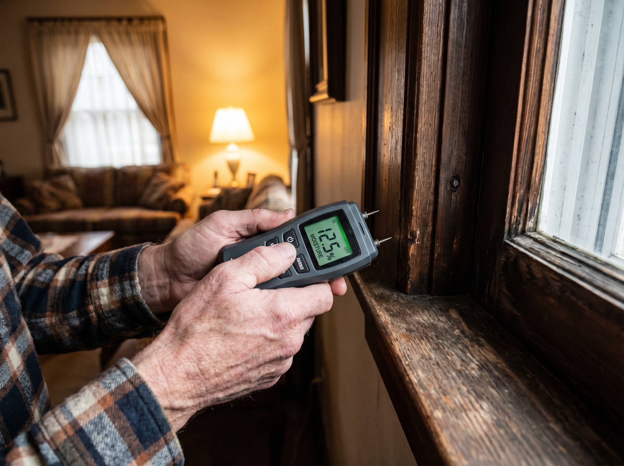 Moisture meter being used on window frame